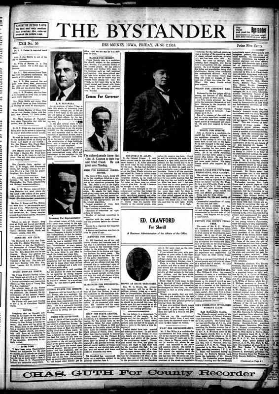 Contents include but are not limited to various different images of political candidates and messages for upcoming Iowa primaries, 15th annual session of IFCWC ended successfully, snipers posing extreme danger in WWI with elaborate disguises, armored cars rescue Tara shipwreck survivors from a desert prison camp, U.S. ads in Argentina, and other topics.