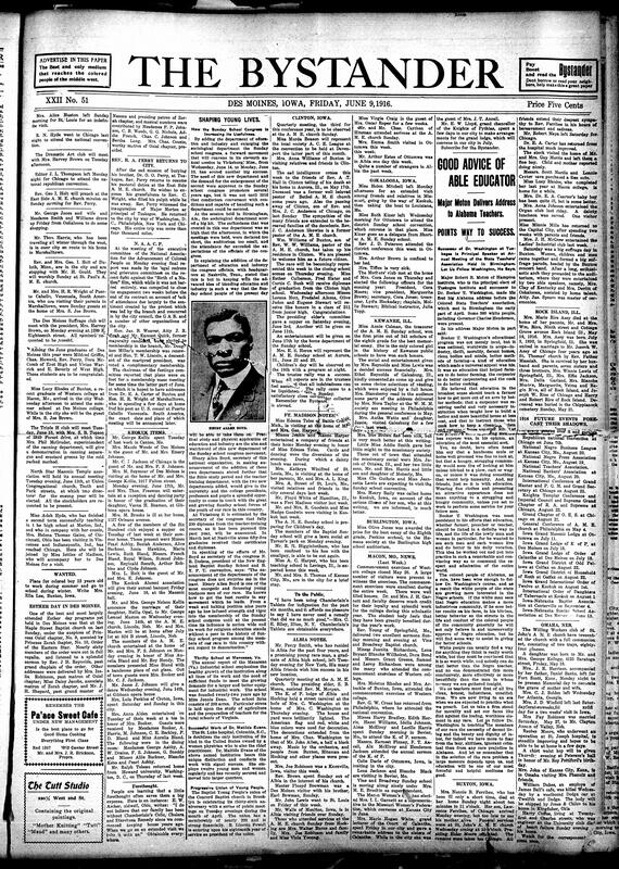 Contents include but are not limited to community news (Keokuk, Burlington, etc.), NAACP meeting reviews "Birth of a Nation" protest success and plans for a membership drive, Sunday School Congress planned expansions, message from R. R. Moton to Alabama teachers, Britain's massive new army now holds 100 miles of the Western Front, and other topics.