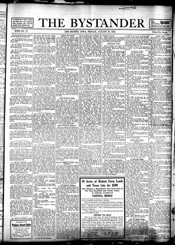 Contents include but are not limited to Kansas City Masonic conference concluded and NNBL 17th annual session to be held there, Mexican syndicate seeks Black emigration to Sonora for land, 20th annual grand session of the International Order of Twelve, community news (Centerville, Mason City, etc.), and other topics.