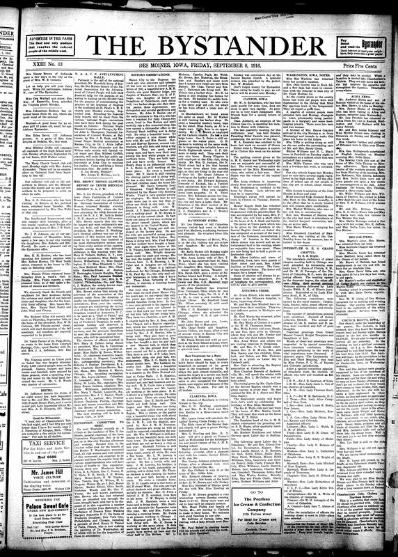 Contents include but are not limited to NAACP anti-lynching rally, news editors’ observations, community news (Davenport, Ottumwa, etc.), 10th biennial NACW session, Order of Eastern star meeting, athletic column, health tips, and other topics.