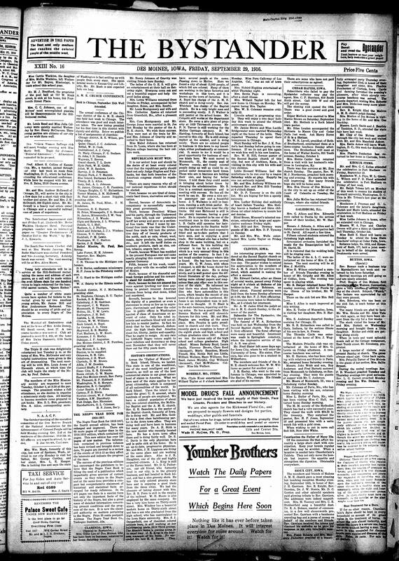 Contents include but are not limited to AME church annual conference in Chicago, The Negro Year Book for 1916-1917 improved, news editors’ observations, community news (Galesburg, Keokuk, etc.), advocation for Republican party to be elected over democrats, British control Basra, preventing German railway plans, and other topics.