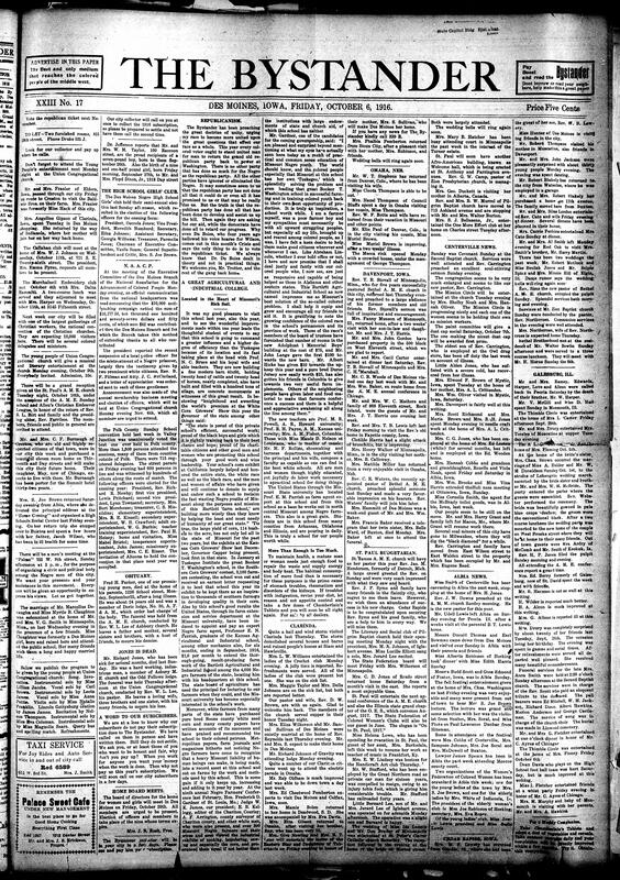 Contents include but are not limited to Des Moines NAACP meeting, obituaries, Bystander urges Black voters to unite for Republican party, Missouri's Bartlett Agricultural School gains prominence, community news (Albia, Davenport, etc.), observer details British trenches and German morale decline on Somme, and other topics.