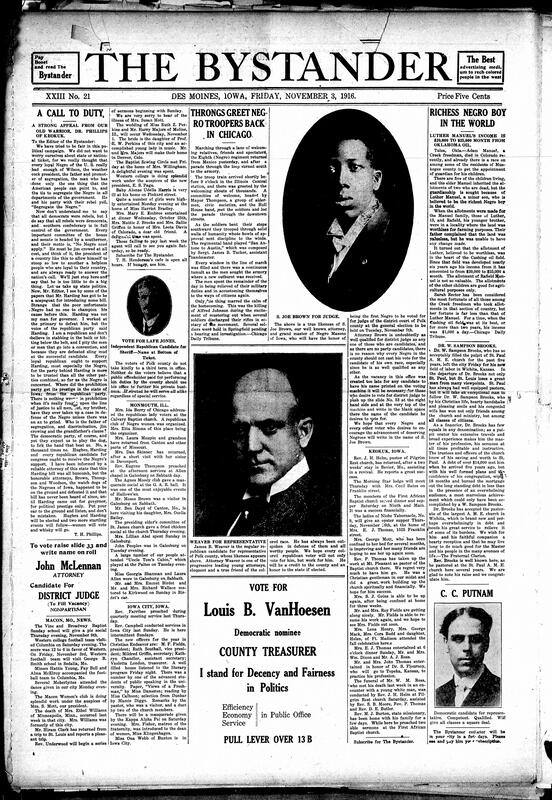 Contents include but are not limited to Dr. Phillips urges Black voters to support Republicans and oppose Wilson, Polk County local election candidates and images, 8th Infantry Regiment welcomed home in Chicago, career and story of Edgar A. Long, two new magazines launched in Chicago, and other topics.