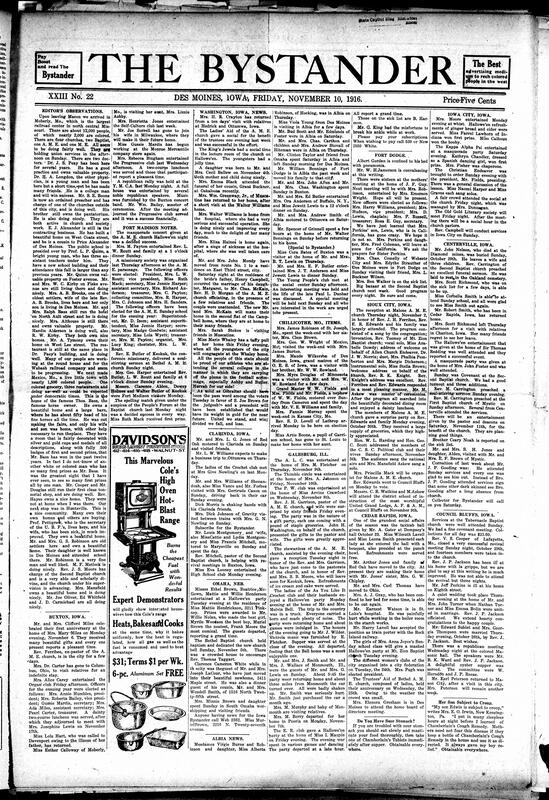 Contents include but are not limited to news editors’ observations, community news (Clarinda, Chillicothe, etc.), 1916 electoral votes show Wilson leading, poem honoring Booker T. Washington, local election results of various states, W. L. Harding wins Iowa governorship by huge Republican majority, and other topics.