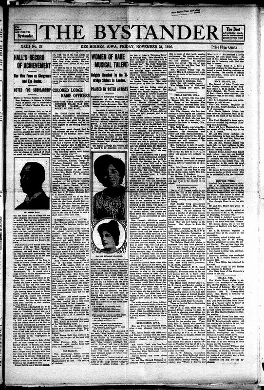 Contents include but are not limited to African American college athletes, Northern Black citizens urged to assist Southern migrants, Iowa Bar Association 16th annual Black lawyer meeting, charity operations during Thanksgiving for families, Black freemasonry history snippet, Howard Orphanage School celebrates 15th anniversary with classical concert full of Black musicians, community news (Galesburg, Scandia, etc.), and other topics.