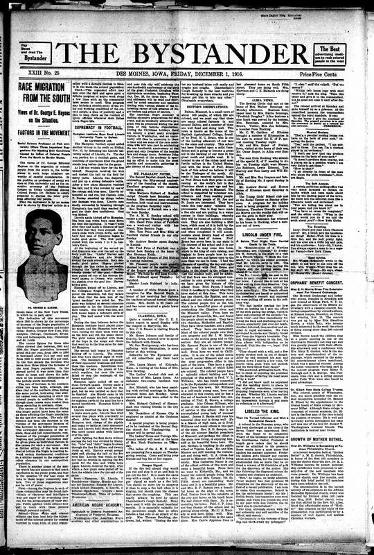 Contents include but are not limited to discussion of causes and solutions for ongoing Black migration, Hampton Institute football defeats Lincoln University 19-7, community news (Mt. Pleasant, Clarinda, etc.), news editors’ observations, story of how Lincoln’s boat nearly got struck by cannon wad, Tuskegee Institute to host annual farmers' conference, and other topics.