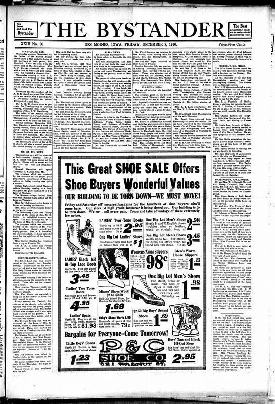 Contents include but are not limited to community news (Ames, Moberly, etc.), huge shoe sale advertisement, architect Clarence W. Wigington joins Iowa Gordon-Van Tine Lumber, Western College asks for donations to support its growth, Black fullback elected captain of Des Moines College football, and other topics.