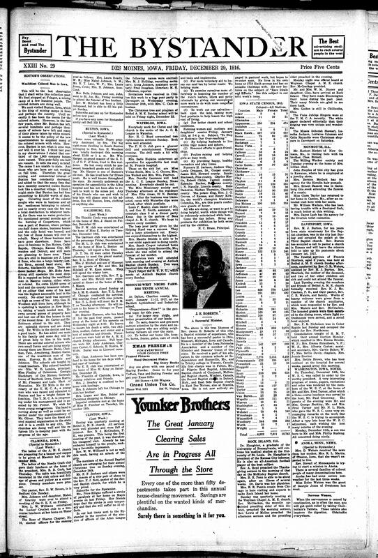 Contents include but are not limited to last news editors’ observation of the year, community news (Waterloo, Buxton, etc.), Iowa State Census of 1915, Missouri-West Black Farmers 10th annual meeting to be held soon, Black written poem, sled collision injures Black and white boys causing one fatality, health advice, and other topics.