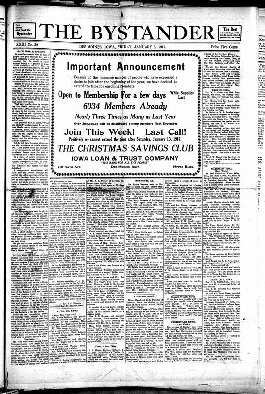 Contents include but are not limited to banking advertisement, community news (Clarinda, Waterloo, etc.), New Year’s message, black political candidates in Iowa, education conference with figures such as Du Bois, W. S. Scarborough, and others, lynching of Black man in South Carolina stirs action among citizens, and other topics.