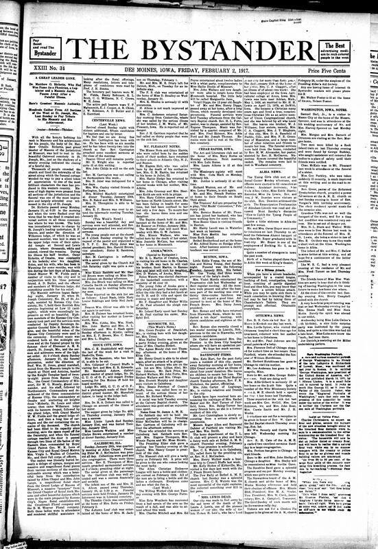 Contents include but are not limited to Matthew O. Ricketts, notable leader, dies due to illness, community news (Mt. Pleasant, Cedar Rapids, etc.), current German position in WWI, collectors of Black authored books meet up, National Equal Rights league message to prevent re-election of Woodrow Wilson, and other topics.