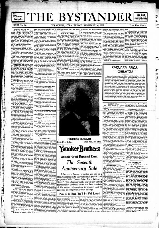 Contents include but are not limited to community news (Macon, Clarinda, etc.), poem honoring Lincoln and Douglass, business advertisements, The Bystander contracts cartoon company, influential Black woman passes away, Charles Dawes business advice, and other topics.