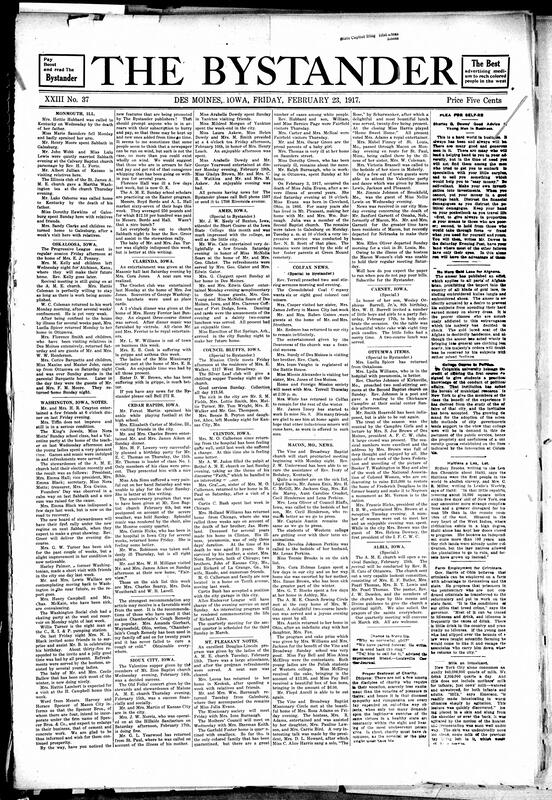 Contents include but are not limited to community news (Ames, Colfax, etc.), repeated Charles Dawes advice, Chicago music festival with various Black musicians, editorial comment on George Washington, great basketball player at the time joins National Urban league, Texas school fundraising, and other topics.