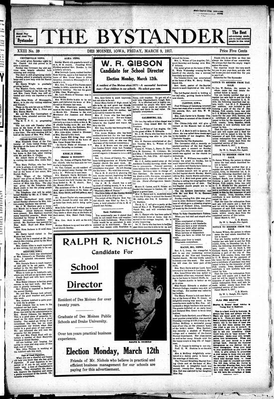 Contents include but are not limited to community news (Keokuk, Galesburg, etc.), school director candidates in Des Moines, Des Moines Water Company boasts about their water quality, uncertainness and critique of Woodrow Wilsons appointment as president for another four years, Black citizens praise Iowa senators who opposed presidential bill, and other topics.