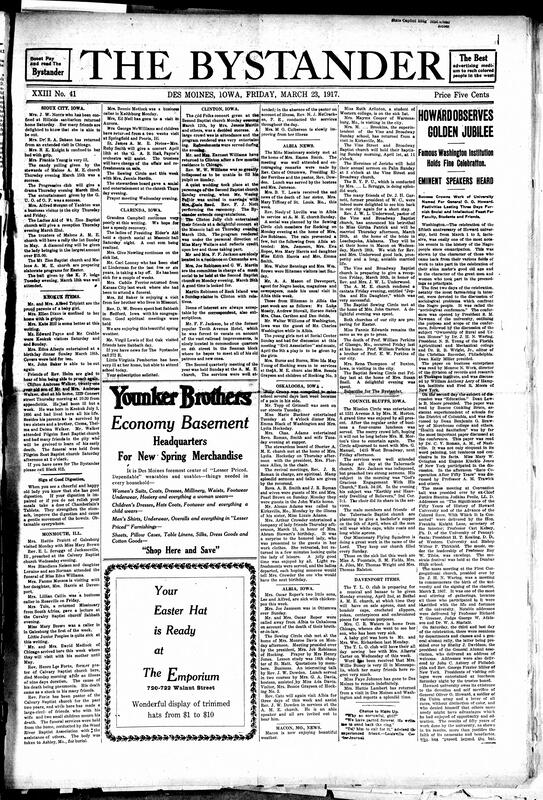 Contents include but are not limited to community news (Sioux City, Clinton, etc.), Howard University celebrates its 50th anniversary with a three-day event, Kentucky troops called to prevent lynching, poems, fraternal organization promotes racial uplift in the South, and other topics.