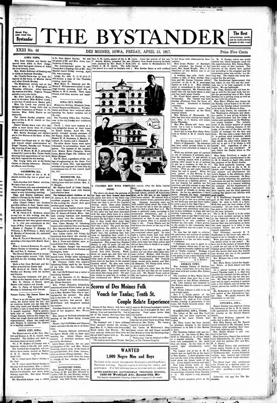 Contents include but are not limited to Black boy wins first place prize in bird house contest but newspapers omit mentioning his race, community news (Galesburg, Keokuk, etc.) editorial comments on high cost of living and spring season, big gift to Y.M.C.A., and other topics.