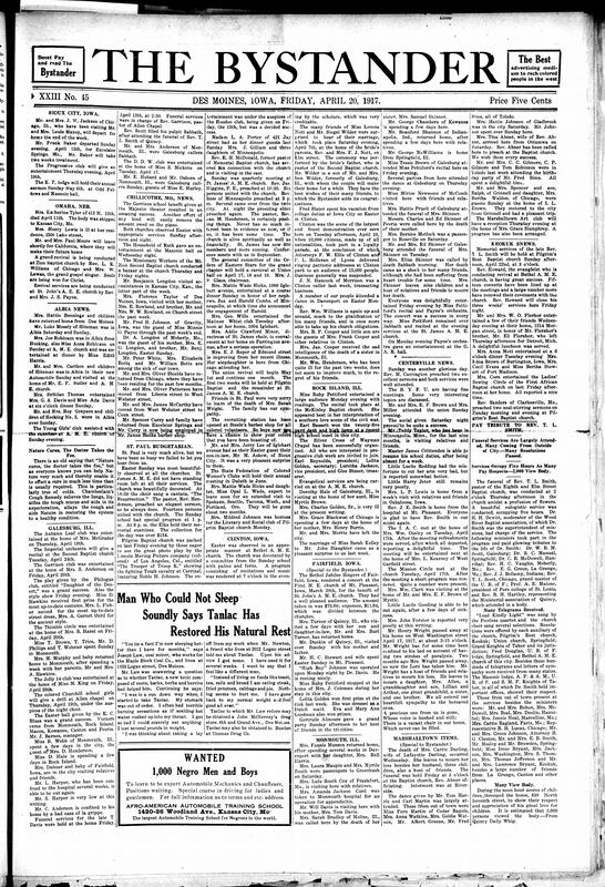 Contents include but are not limited to community news (Omaha, Chillicothe, etc.), mourning and tribute to prominent Baptist pastor, Tanlac supposedly restored man’s natural rest, labor unrest grows as Black workers migrate North for jobs, Meharry Medical College receives $10,000 donation, and other topics.