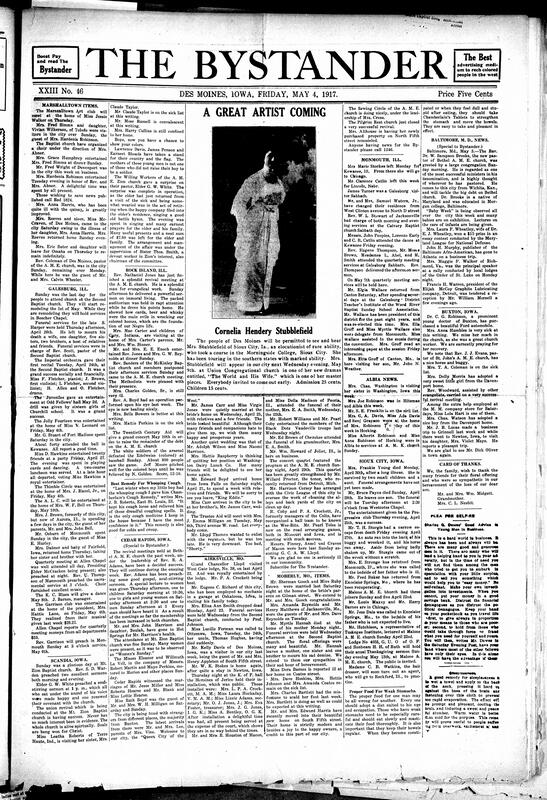 Contents include but are not limited to community news (Baltimore, Rock Island, etc.), elocutionist to perform one of her new dramas at church, news column from 20 years ago, 1865 letter highlights patriotism of Black soldiers, wartime calls for American housewives to conserve food and resources, and other topics.
