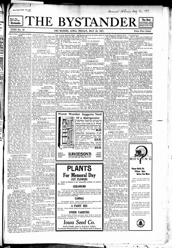 Contents include but are not limited to Iowa O.E.S. large attendance in 3-day length 10th annual session, community news (Monmouth, Moberly, etc.), Iowa Phone Company says to notify before moving, Memorial Day coming up soon to honor fallen soldiers amidst ongoing war, Fort Des Moines to be established for 1,200 Black candidates, and other topics.