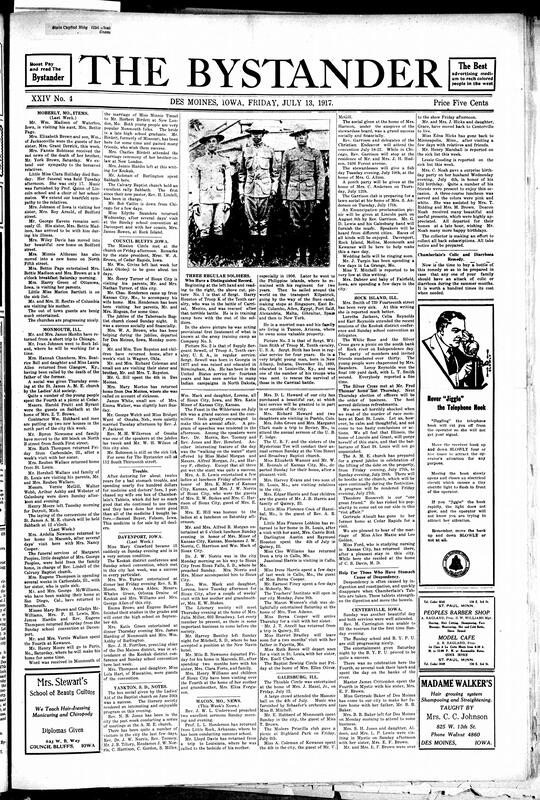 Contents include but are not limited to community news (Davenport, Cedar Rapids, etc.), pictures and achievements of three distinguished soldiers, first long practice march for Black soldiers at Ft. Des Moines, musician Harry Burleigh awarded Spingarn medal, northern publication opinion on crime among Black people, and other topics.