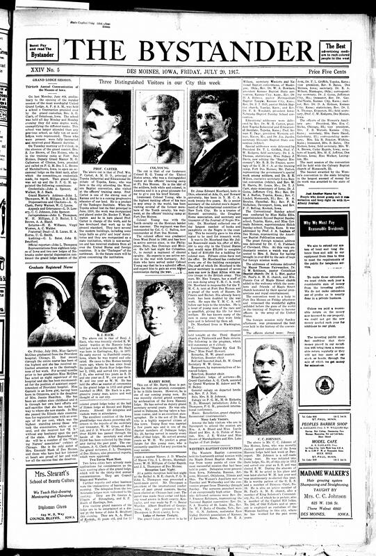 Contents include but are not limited to Western Baptist 14th annual convention held in Des Moines, pictures and descriptions of various distinguished individuals like Colonel Young, Jesse E. Moorland, and others, Iowa Telephone company explanation for dividends, Grand Army denounces Jim Crowing of Black soldiers, veteran editor receives honorary LL. D. degree, and other topics.