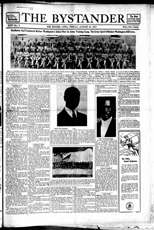 Contents include but are not limited to large picture of alumni/teachers from Tuskegee Institute who went to serve in Fort Des Moines, Y.M.C.A. notes, community news (Clarinda, Yankton, etc.), William Pickens, Iowa Telephone company policies, poem about war, and other topics.