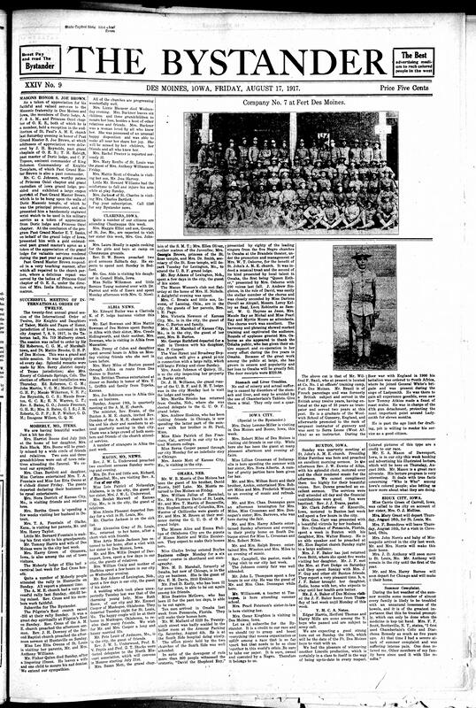 Contents include but are not limited to Masons honor S. Joe Brown, 21st annual session of International Order of Twelve ends successfully, community news (Iowa City, Omaha, Macon, etc.), obituaries, Y.M.C.A. notes, Iowa State Fair, Black soldier count in Fort Des Moines, and other topics.