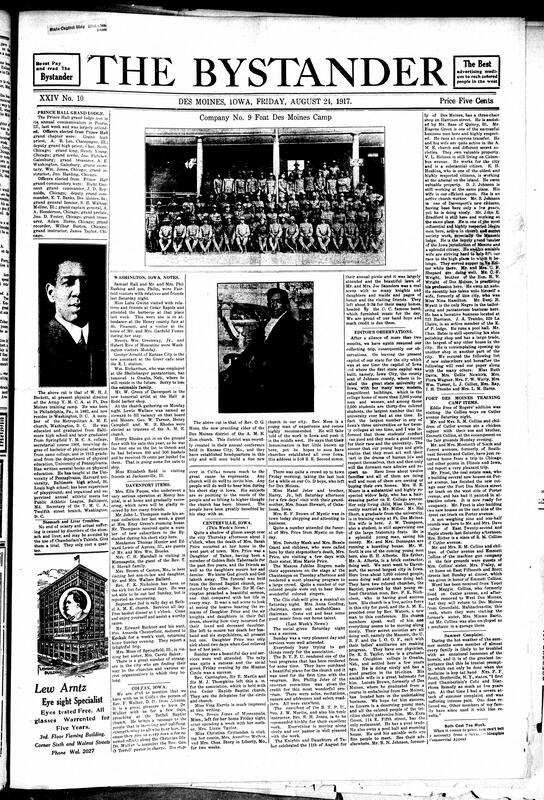 Contents include but are not limited to news editor observations of Black communities, community news (Davenport, Centerville, etc.), new presiding elder of Des Moines A.M.E. Zion church, new Prince Hall officers, and other topics.