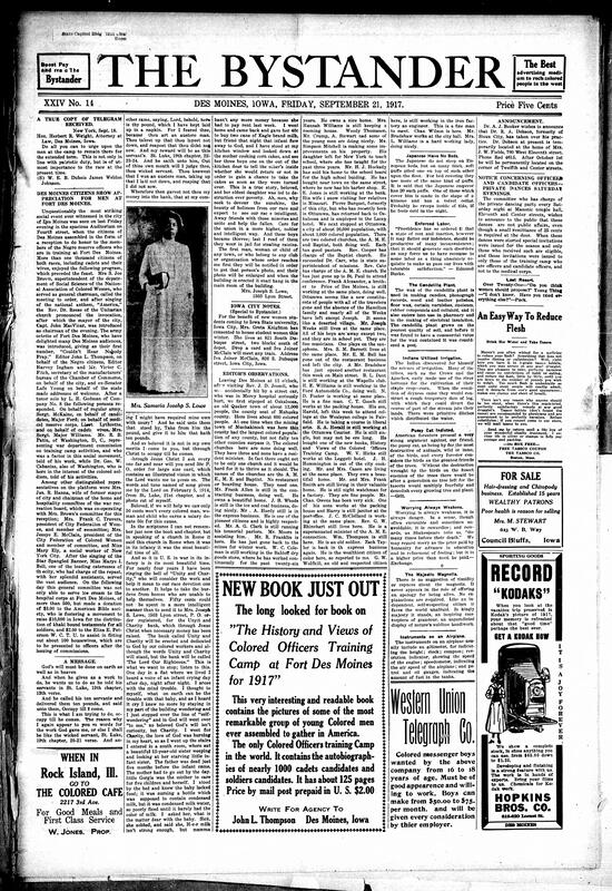 Contents include but are not limited to praise for J. C. Napier’s leadership of the N.N.B.L., Piney Woods School receives $2k bequest, community news (Albia, Moline, etc.), Black women accepted as teacher in West Virginia, luncheon notes, orders to ignore color lines for Black troop appointments, and other topics.