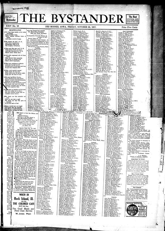 Contents include but are not limited to extraordinarily long list of commissioned officers from various divisions, community news (Monmouth, Kirksville, etc.), Atlanta welcomes Black draftees with equal camp activities, northern cities see increased Black political representation, N.A.A.C.P. to hold annual meeting, and other topics.