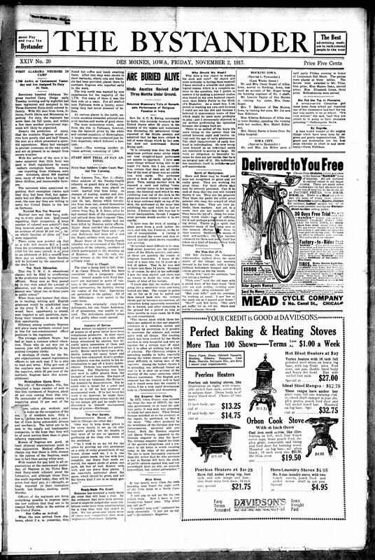Contents include but are not limited to Missionary describes Hindu ascetics' feats, 1700 Black Alabamian draftees arrive at Camp Dodge, 64 soldiers face court-martial for Houston riot, new German naval warfare “Torpedo Mine”, and other topics.