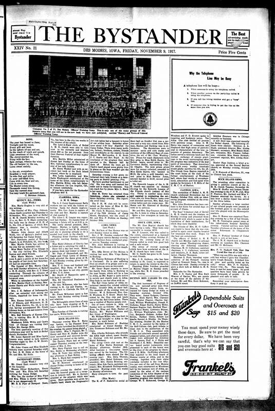 Contents include but are not limited to advertisement for recently published book, poem about nature and spirituality(?), reasons why phone lines are busy, community news (Sioux City, Clinton, etc.), Buxton Black men called to army, Supreme Court unanimously strikes down Louisville residential segregation law, and other topics.