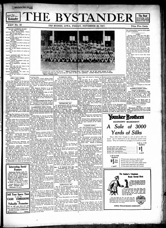 Contents include but are not limited to poem on aging, University of Iowa black women students succeed on getting a house, Waterloo A.M.E. church honoring, various church programs, Estherville forms club to help soldiers, other community news (Kirksville, Marshalltown, etc.) and other topics.