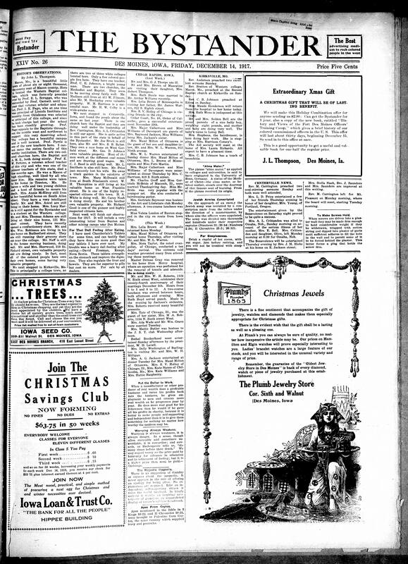 Contents include but are not limited to news editor observations of Black communities (Macon, Centerville, etc.), Christmas tree and gifts advertisements, Cedar Rapids social events, Kirksville birth announcements and news, Polk County properties tax deed notices, and other topics.