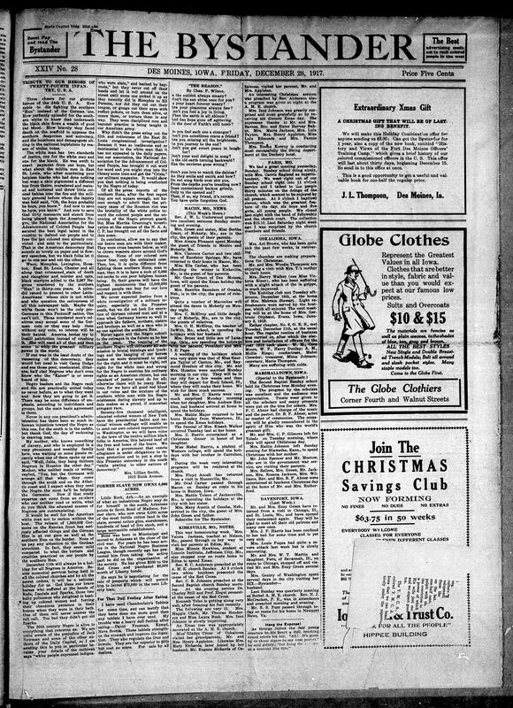 Contents include but are not limited to Lilian Smith excerpt on racial injustice, tribute to 24th regiment, and violence against Black Americans, Former slave Scott Bond now owns 6,000 acres and multiple businesses, poem on life's hardships, community news (Oskaloosa, Macon, etc.), Christmas traditions, and other topics.