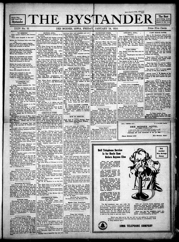 Contents include but are not limited to reports on several communities in the Midwest, hundreds of Black soldiers sent back due to disabilities, tips on how to be frugal in times of war, disease deaths, Army Y.M.C.A., reminder to telephone company users that war calls have priority over them, and other topics.