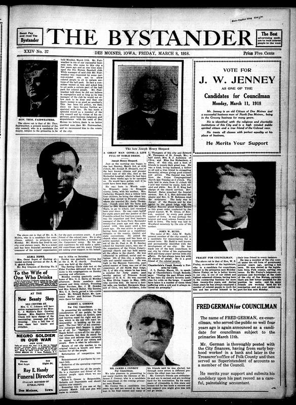 Contents include but are not limited to pictures of various candidates for the Iowa primaries in March 11th, Joseph H. Shepard, prominent Des Moines citizen, dies, World War opens new opportunities for Black labor, more excerpts from Gus Durdan, local weddings, and other topics.