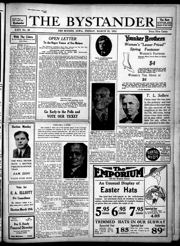 Contents include but are not limited to pictures of the various councilman candidates for local elections next Monday, Gus Durdan excerpt reflecting on God, Thanksgiving, and the role of the Y.M.C.A., man kills wife and himself with seemingly no explanation, Des Moines voters urged to re-elect Woolgar for Black employment, and other topics.