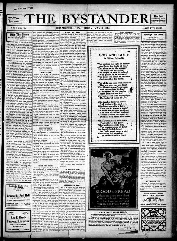 Contents include but are not limited to Gus Durdan excerpt on racial tension and discrimination, Albia A.M.E. church and news, Sioux City fraternal news, grocers enforce 50-50 wheat flour and substitute purchasing rule, U.S. allies demand more cereals, U.S. meat restrictions relaxed, and other topics.