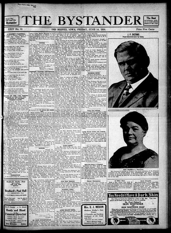 Contents include but are not limited to soldier from 366th Infantry farewell letter as they leave for war, Western Baptist Convention meets in Monmouth, IL. for denomination matters, Des Moines N.A.A.C.P. to host major meeting with white community support, community news (Albia, Scandia, etc.), and other topics.