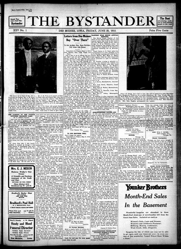 Contents include but are not limited to reverend to conduct A.M.E. church revival in Des Moines, Fourth Officers Training Camp, predominantly Black, relocates, Des Moines soldier writes home from WWI France, railroad rate hike forces convention cancellations, President Hoover urges Iowa to boost potato consumption, Americans urged to eat corn to save wheat for soldiers, and other topics.