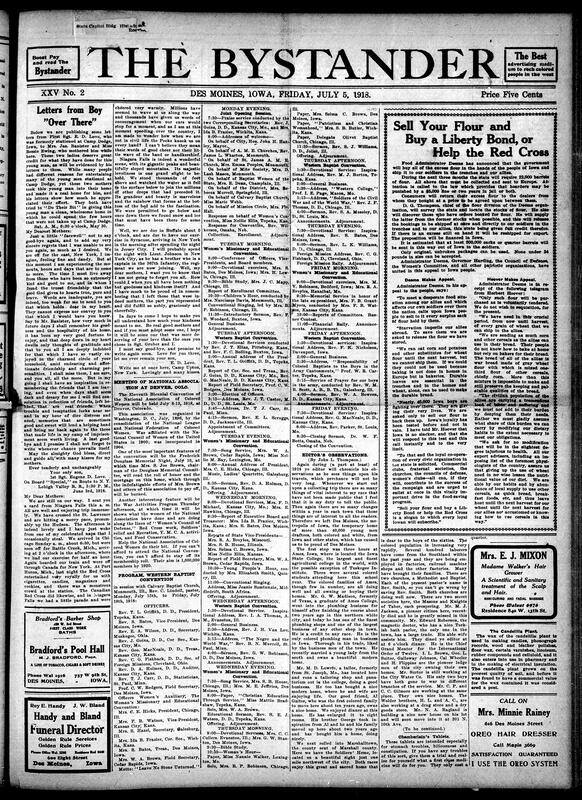 Contents include but are not limited to First Sgt. E. D. Love thanks his Iowa "mothers", N.A.C.W. convention in Denver, a variety of church and religious programs, news editor observations of different Iowa communities, lynching’s increase sharply in first half 1918, Black American troops repulse German raid near Verdun, and other topics.
