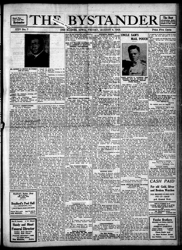 Contents include but are not limited to Dr. R. R. Moton to lecture in Iowa, news editors’ weekly observations on Black communities, Lt. Rufus B. Jackson writes home from France, draft numbers report, Tuskegee Institute highlights contributions, and other topics.