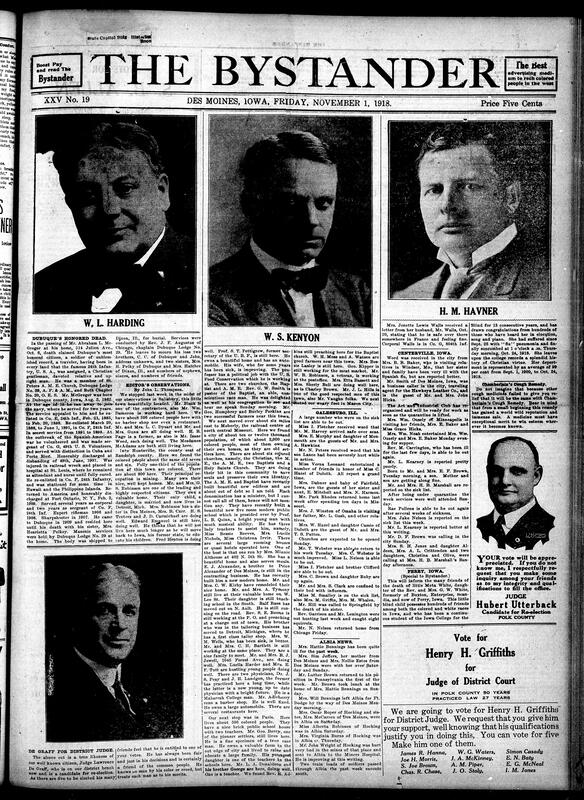 Contents include but are not limited to death of Dubuque’s most honored citizen, editor news observation of three Missouri towns, introduction of four judicial candidates in Polk County, $15,000 YMCA building opened for Black workers, letter from Black soldier praising Red Cross and other topics.