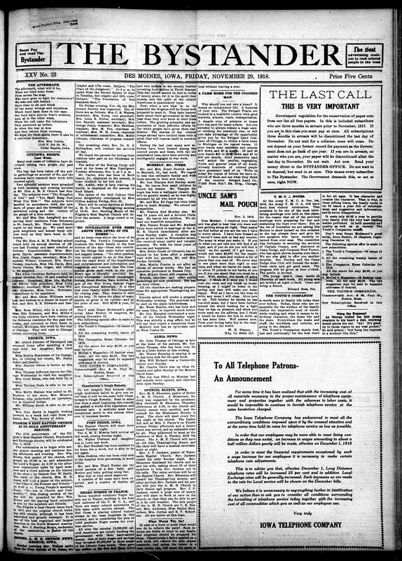 Contents include but are not limited to Iowa banking, Bystander advertising rates and submission guidelines, Iowa farms urged to adopt food conservation to support war efforts, Iowa's sugar ration increased, various new Food Administration regulations for Iowa products, King Albert of Belgium thanks Herbert Hoover for Belgian relief efforts, and other topics.