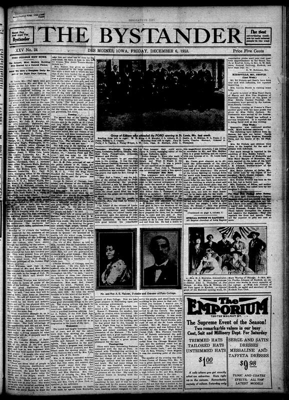 Contents include but are not limited to Poro College opens building costing $250,000 with an 8-day opening ceremony, Chamberlain medicine advertisements, Zion Church celebrates 47th anniversary, Iowa Baptist Church appointment deadlines, influenza epidemic in Kirksville, and other topics.