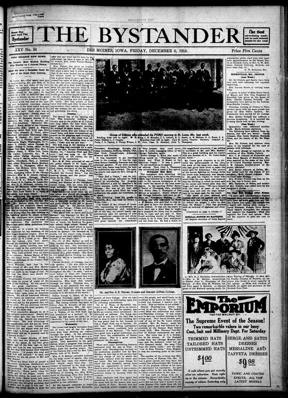 Contents include but are not limited to Poro College opens building costing $250,000 with an 8-day opening ceremony, Chamberlain medicine advertisements, Zion Church celebrates 47th anniversary, Iowa Baptist Church appointment deadlines, influenza epidemic in Kirksville, and other topics.
