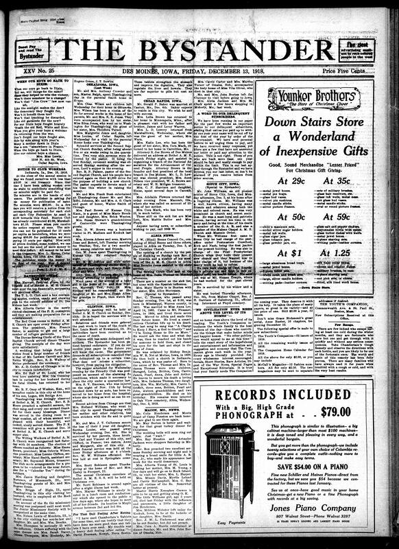 Contents include but are not limited to Bystander urging overdue subscribers to pay their fee, huge Christmas president gifts advertisement, phonograph advertisement, church fundraising, Blind Boone concert at Albia Church, fire breaks out in Minnesota, American Red Cross and French dietitians create menu for soldiers, and other topics.