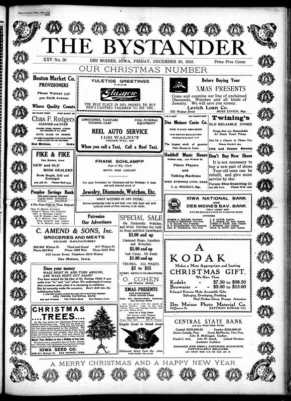 Contents include but are not limited to various Christmas present advertisements, Bank advertisements, small column on the origin of Christmas, 92nd Division not returning on assumption of helping in occupation in Germany, Black soldier keeps his morale despite injuries, and other topics.