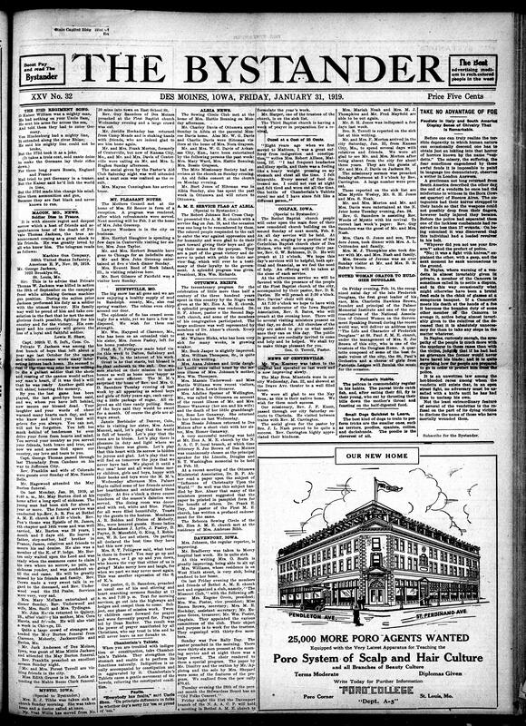 Contents include but are not limited to poem celebrates the 372nd Regiment's bravery against Germany, Albia A.M.E. Church receives service flag for WWI contributions, Italian/South American feuds display surprising chivalry, local news, and other topics.