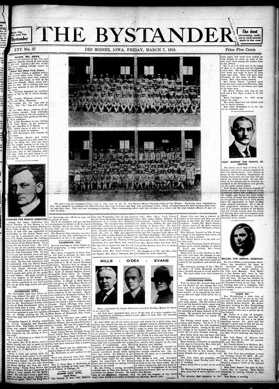 Contents include but are not limited to Macon, MO, welcomes returning soldier and gains new restaurant, large image of the 92nd Division who is soon to be returning to America, various candidates announced for Des Moines School Director, local Iowa news about church events, soldiers returning, weather, and other topics.